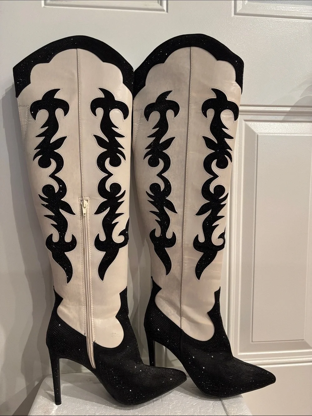 Tall Western-Inspired Knee Boots in Cream and Black